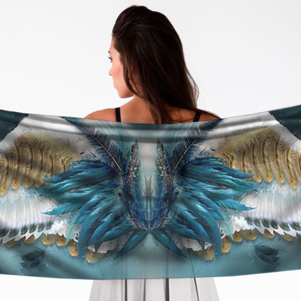 Blue & Gold Angel Feather Wings X-Long Crepe Scarf Wrap - Picture 3 of 13